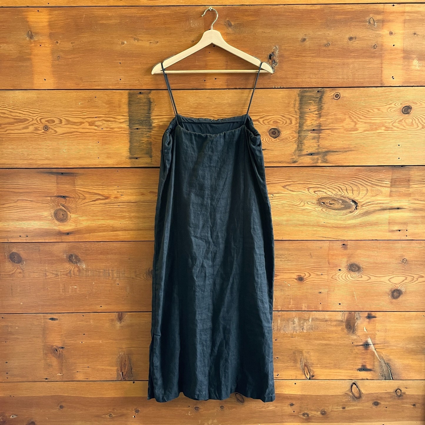 M - DONNI Black The Linen Spaghetti Strap Effortless Minimalist Dress 0713JM