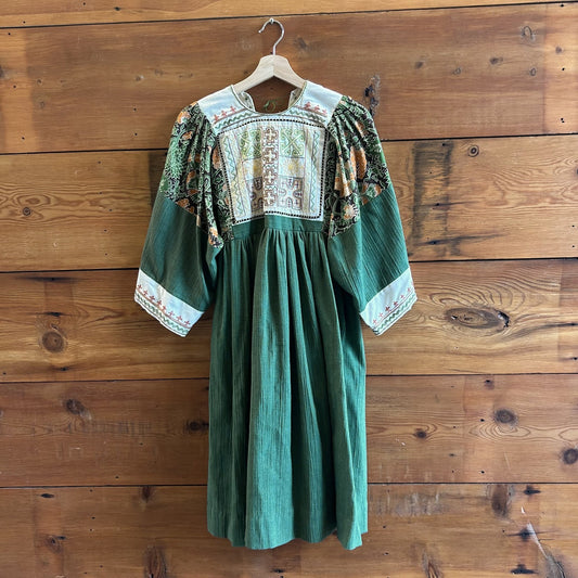 S - Vintage Patterned Embroidered Wide Sleeve Midi Length Green Dress 0411SP