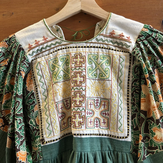 S - Vintage Patterned Embroidered Wide Sleeve Midi Length Green Dress 0411SP