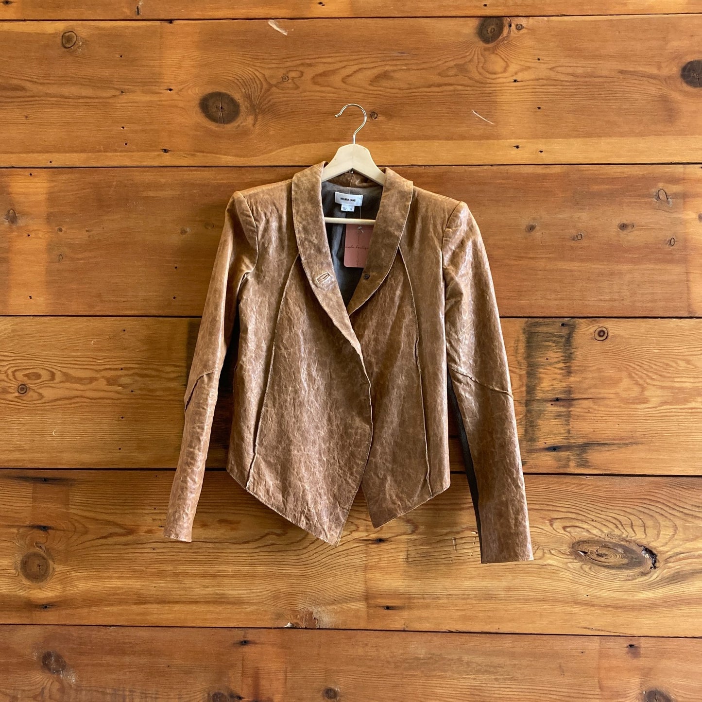 S - Helmut Lang Brown Sheep Leather Elastic Sleeve Crop Back Jacket 0726MN