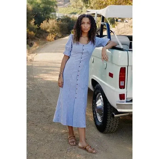 XXS - Christy Dawn Blue Seersucker Striped Puff Sleeve Lennon Dress 0910BS