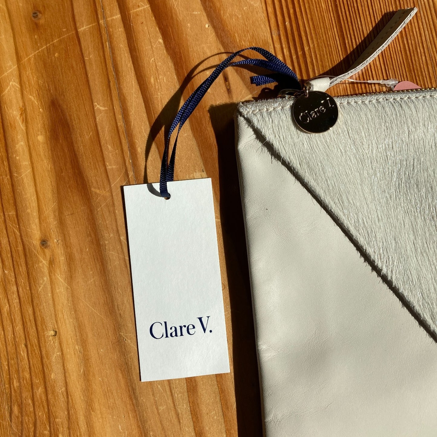 Clare V Ivory White Leather Calf Hair Contrast Top Zip Clutch Purse 0826NH
