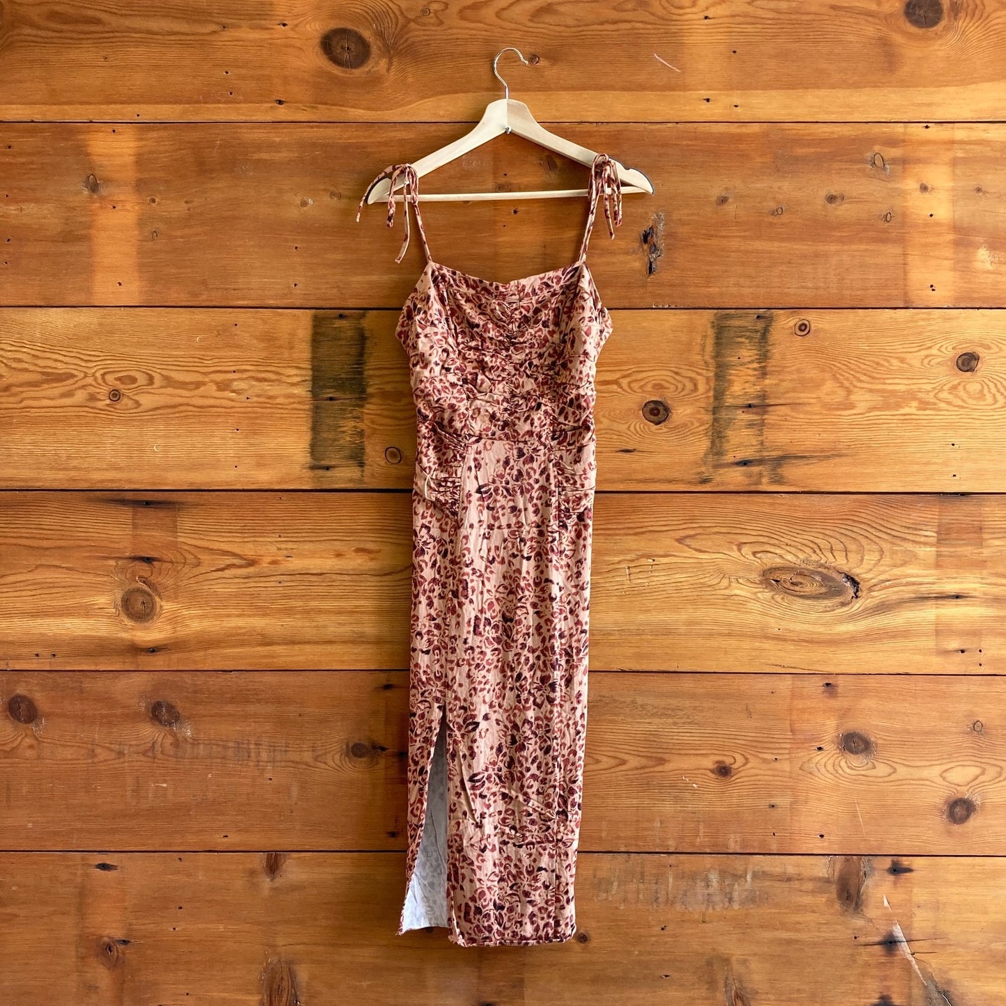 S - Free People Brown Printed Show Stopper Midi Side Slit Dress 0828SZ