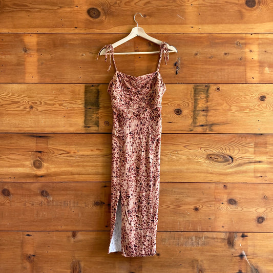 S - Free People Brown Printed Show Stopper Midi Side Slit Dress 0828SZ