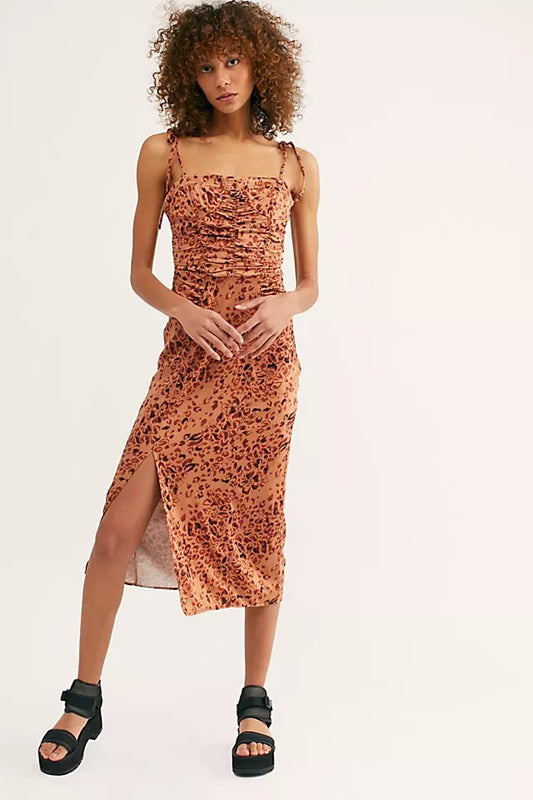 S - Free People Brown Printed Show Stopper Midi Side Slit Dress 0828SZ