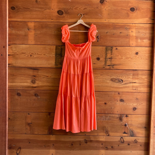 4 - STAUD Tangerine Orange Elio Puff-Sleeve Prairie Tiered Dress 1217GN