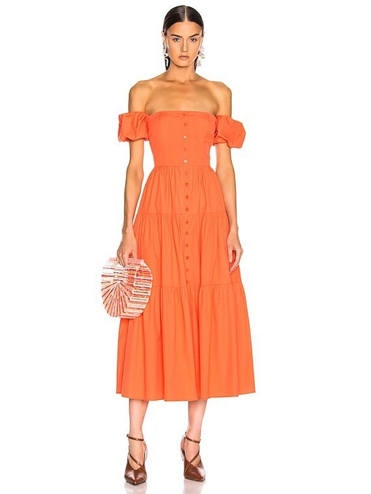 4 - STAUD Tangerine Orange Elio Puff-Sleeve Prairie Tiered Dress 1217GN
