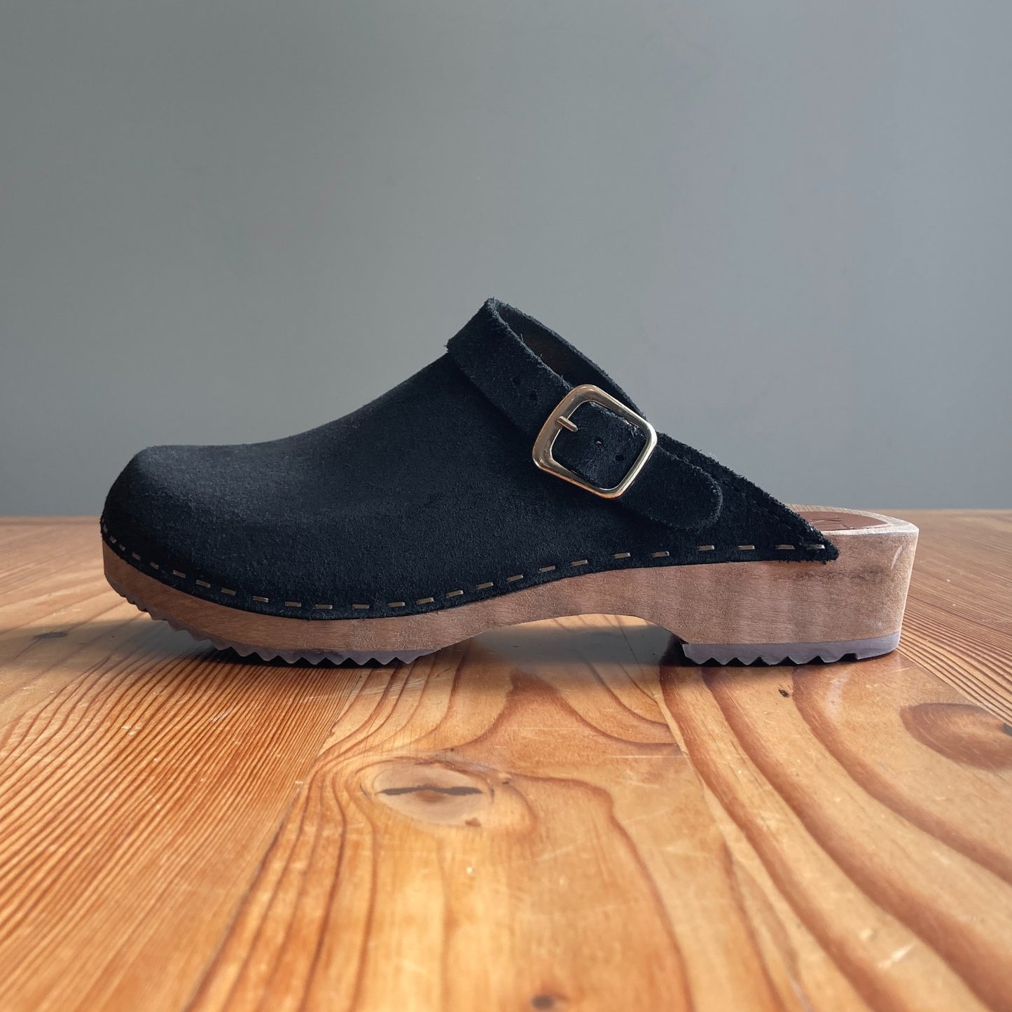 38 / 8 - Kitty Clogs Black Leather Buckle Open Heel Wooden Clogs Shoes 0905AK