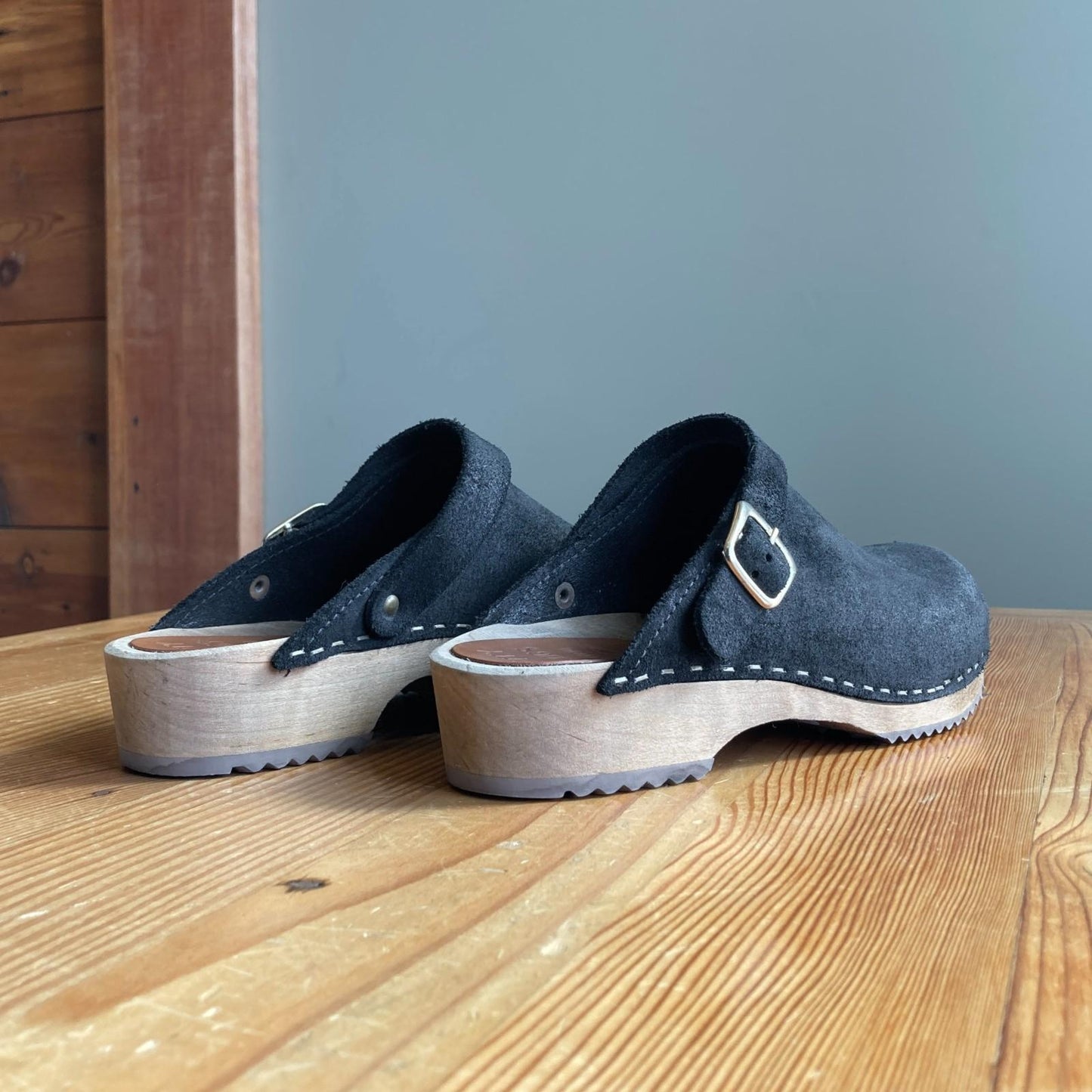 38 / 8 - Kitty Clogs Black Leather Buckle Open Heel Wooden Clogs Shoes 0905AK