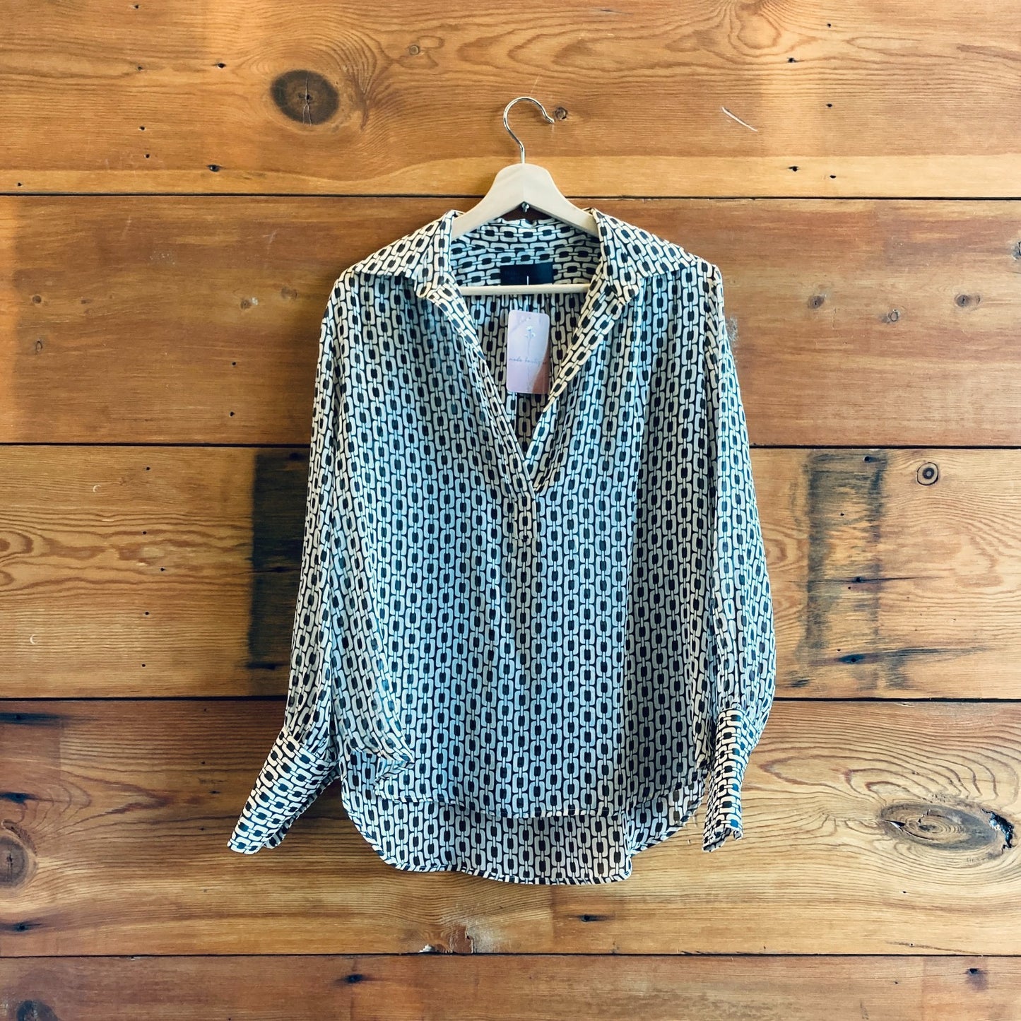 M - Nili Lotan Brown & Tan Chain Print Sheer Long Sleeve Blouse Top 4427SC