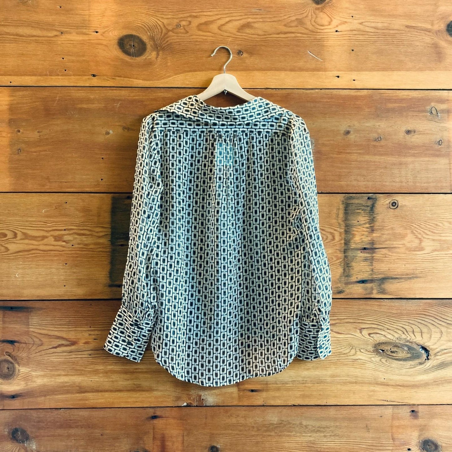 M - Nili Lotan Brown & Tan Chain Print Sheer Long Sleeve Blouse Top 4427SC