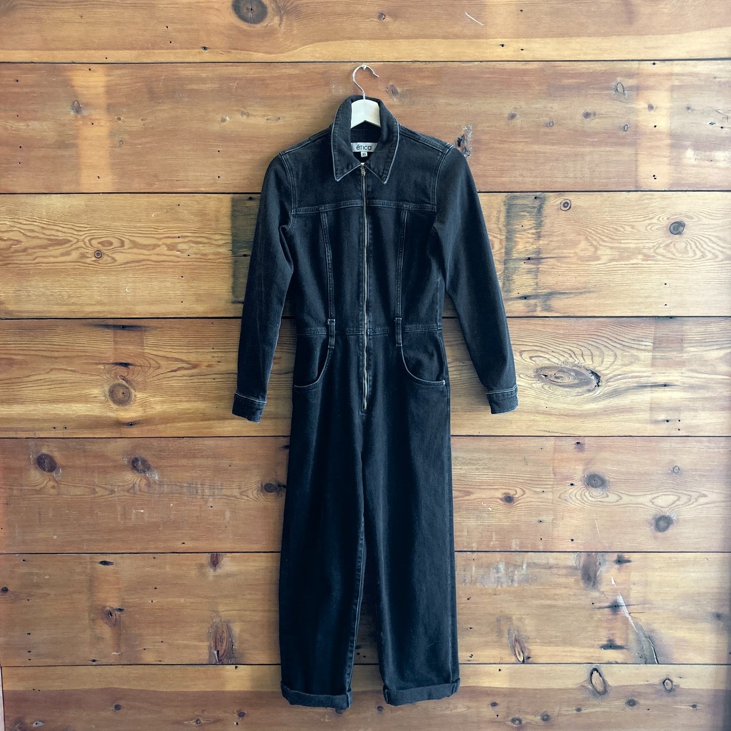 XS - Etica Black Stretch Denim Long Sleeve Coverall Zip Up Jumpsuit 0810RL