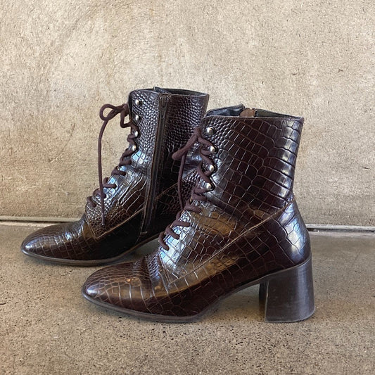 38 / 7.5 - E8 by Miista $222 Deep Brown Croc Embossed Emma Boots 0810RL