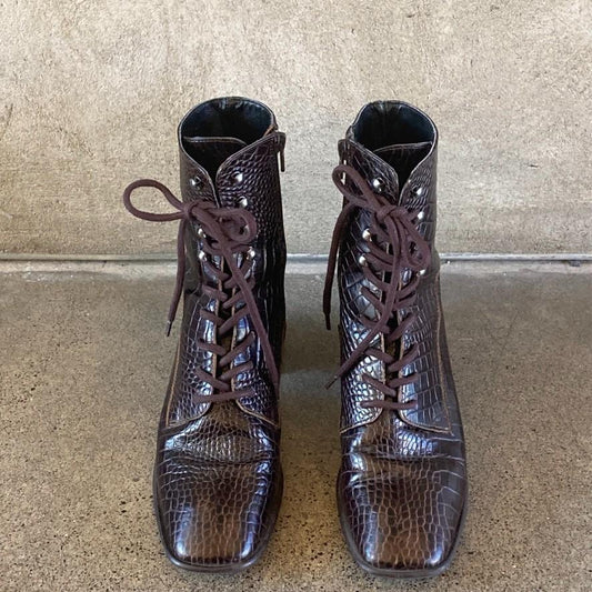 38 / 7.5 - E8 by Miista $222 Deep Brown Croc Embossed Emma Boots 0810RL
