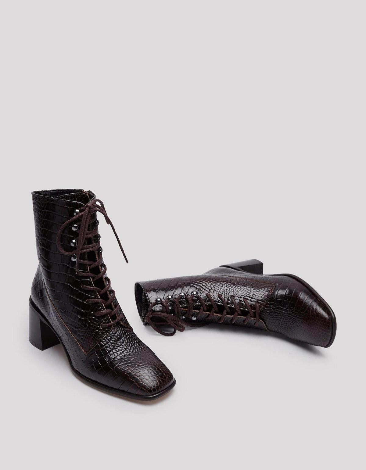 38 / 7.5 - E8 by Miista $222 Deep Brown Croc Embossed Emma Boots 0810RL