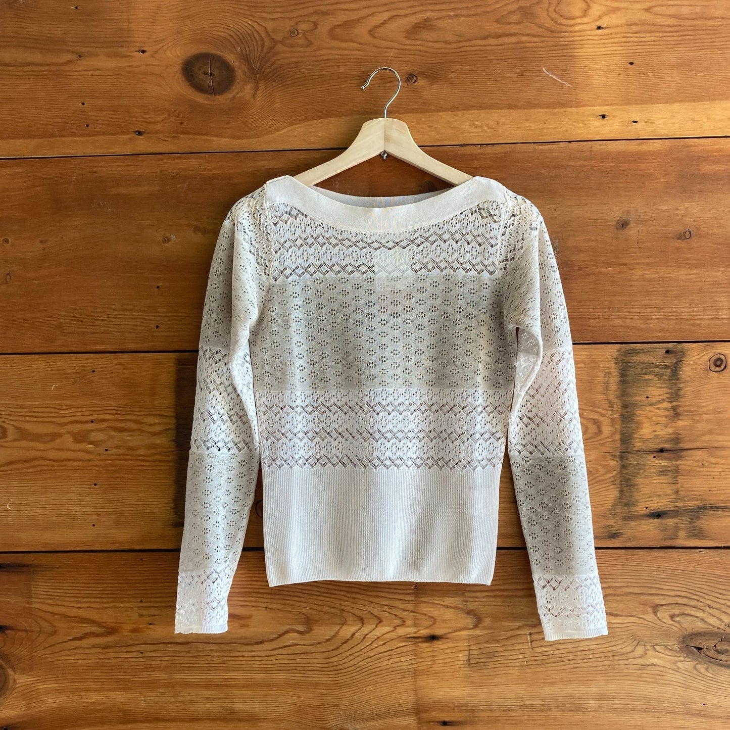 36 / S - Rouje Cream Beige Neutrals Stripe Lace Wide Neck Sweater 0915CS
