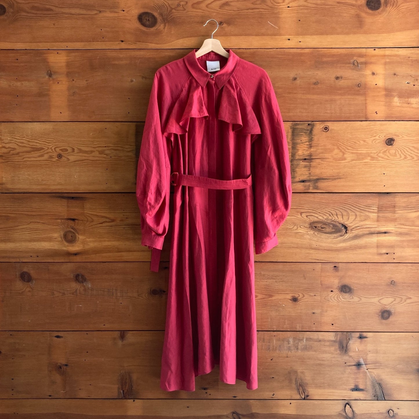 6 - Acler Red Linen Blend Long Sleeve Button Front Belted Dress 0916VB