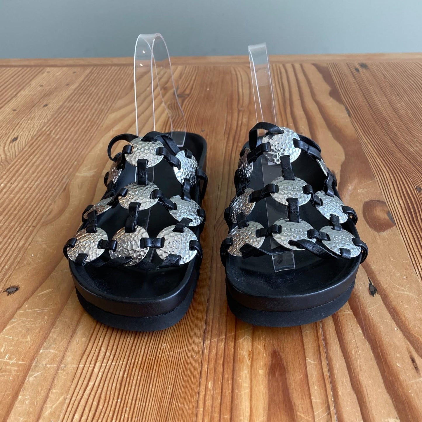 39.5 / 9.5 - STAUD Black Silver Hammered Metal Pucky Slide Sandals 0703TC