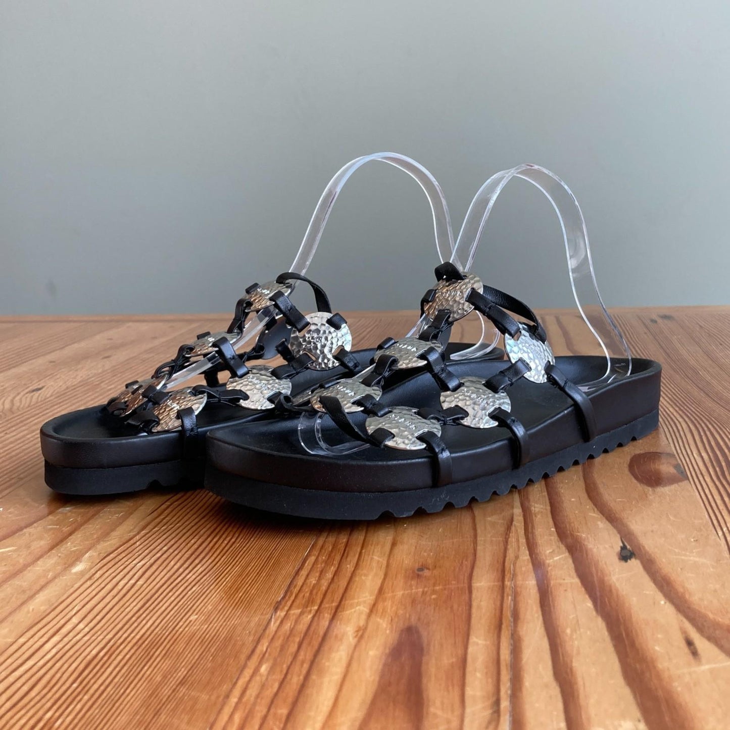 39.5 / 9.5 - STAUD Black Silver Hammered Metal Pucky Slide Sandals 0703TC
