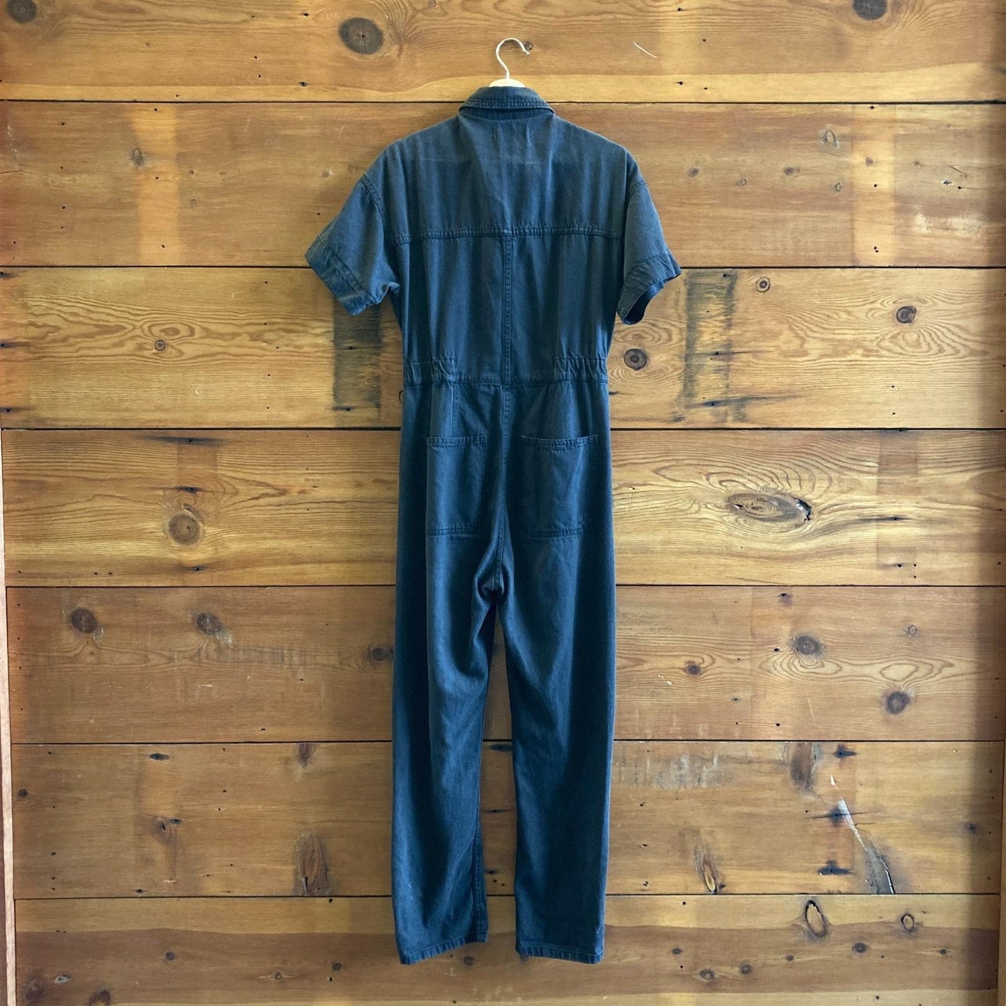 S - We the Free by Free People Black Wash Denim Short Sleeve Jumpsuit 1030SB