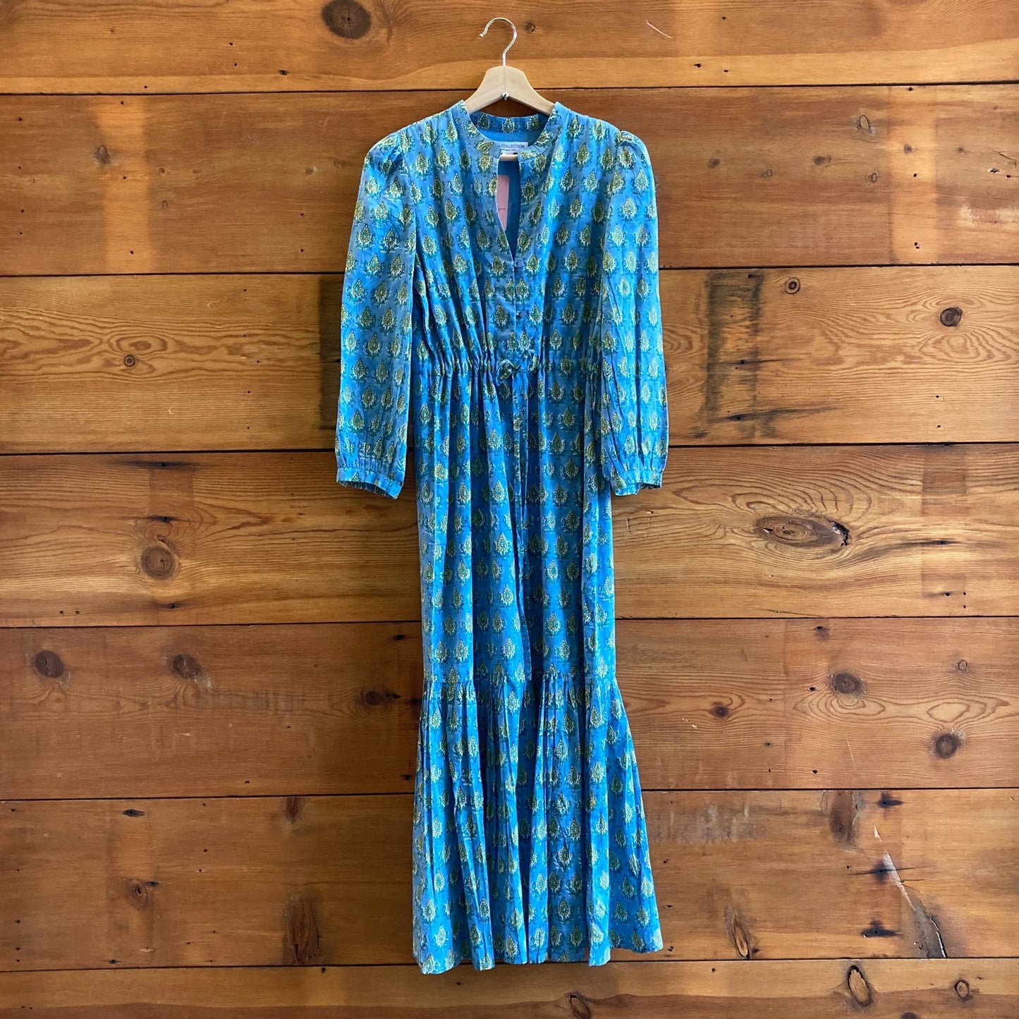 XS - India Collection Emerson Fry Blue Block Print Long Sleeve Maxi Dress 0118AB
