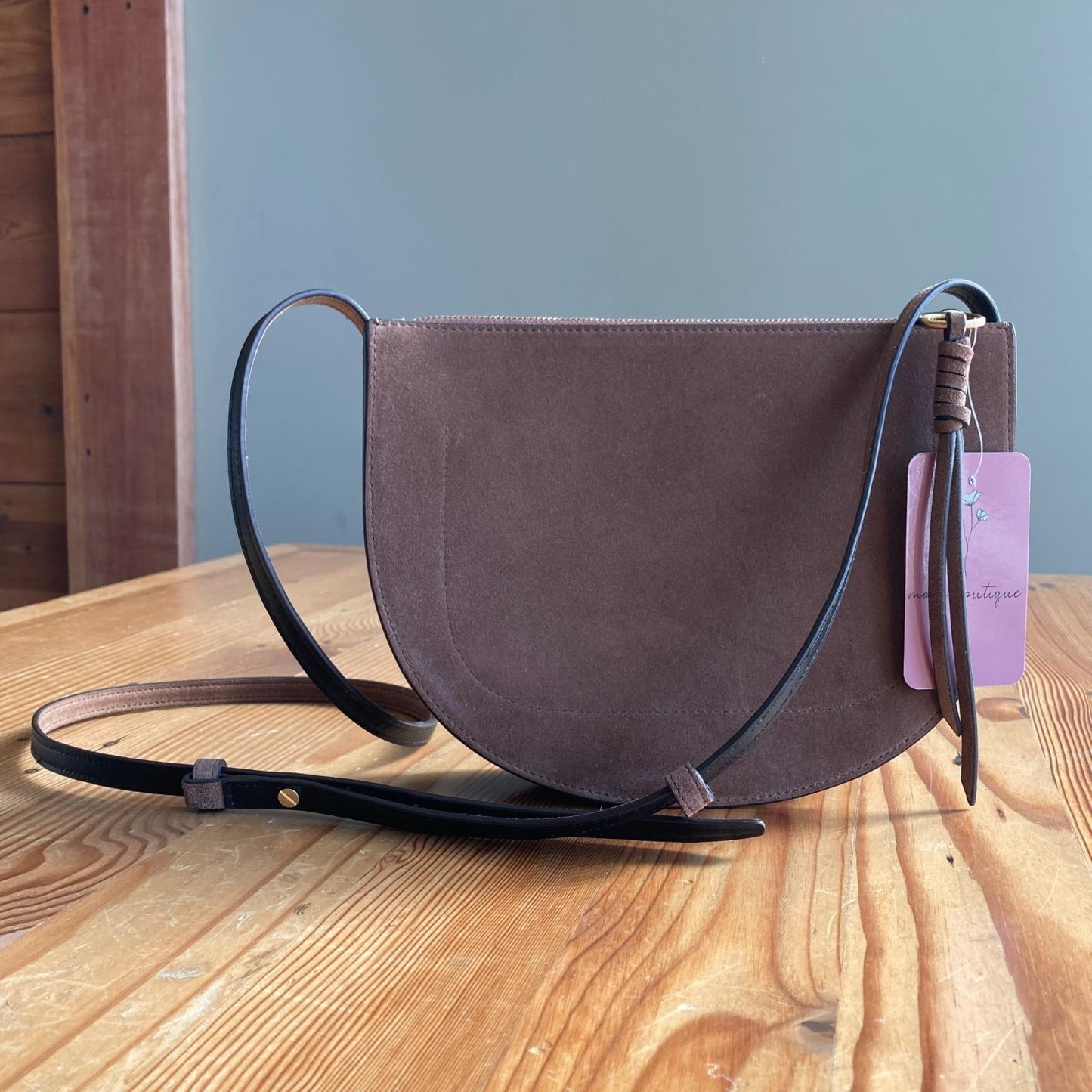 Tory Burch $328 Brown Suede Leather Top Zip Piper Saddle Crossbody Purse 0124KG