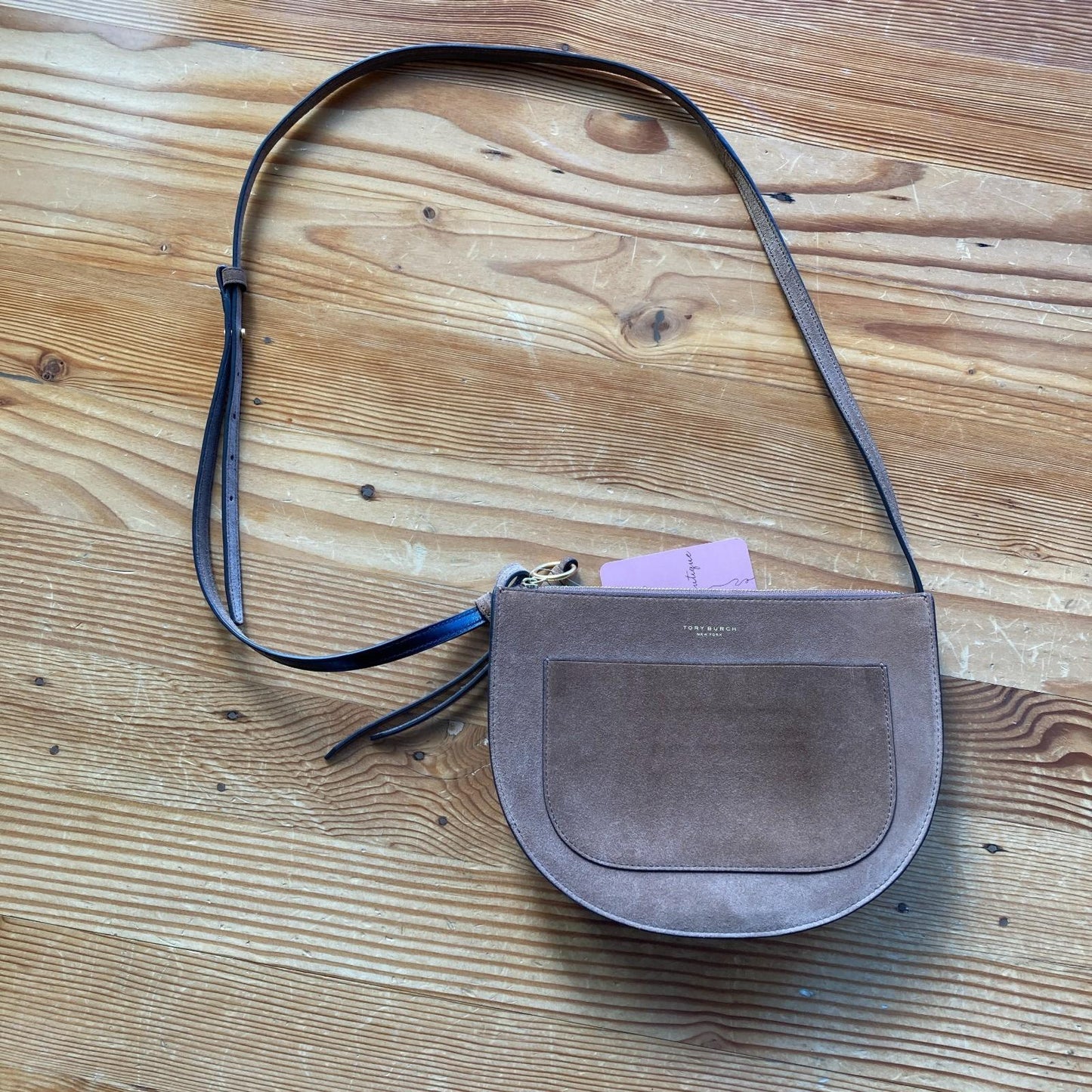 Tory Burch $328 Brown Suede Leather Top Zip Piper Saddle Crossbody Purse 0124KG