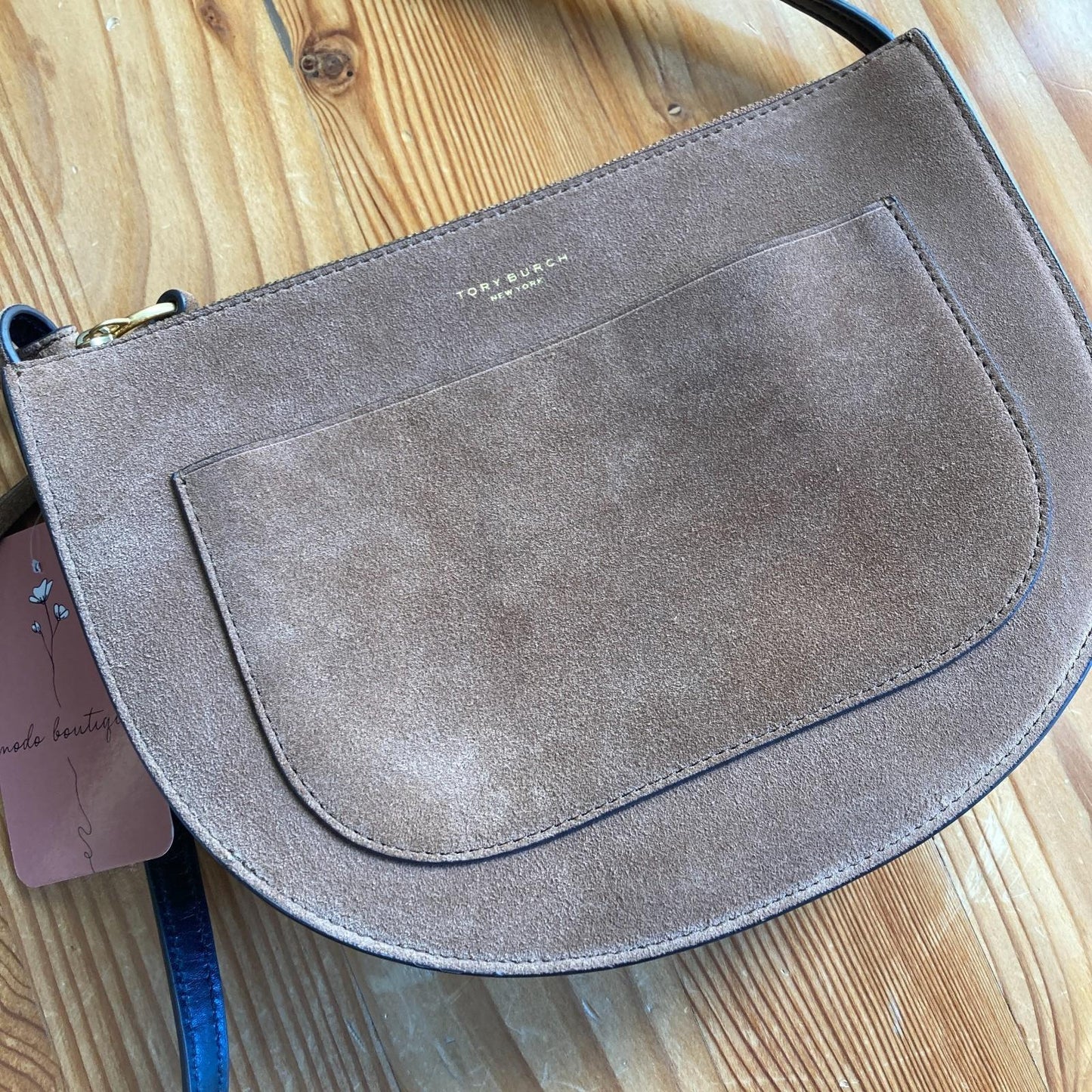 Tory Burch $328 Brown Suede Leather Top Zip Piper Saddle Crossbody Purse 0124KG
