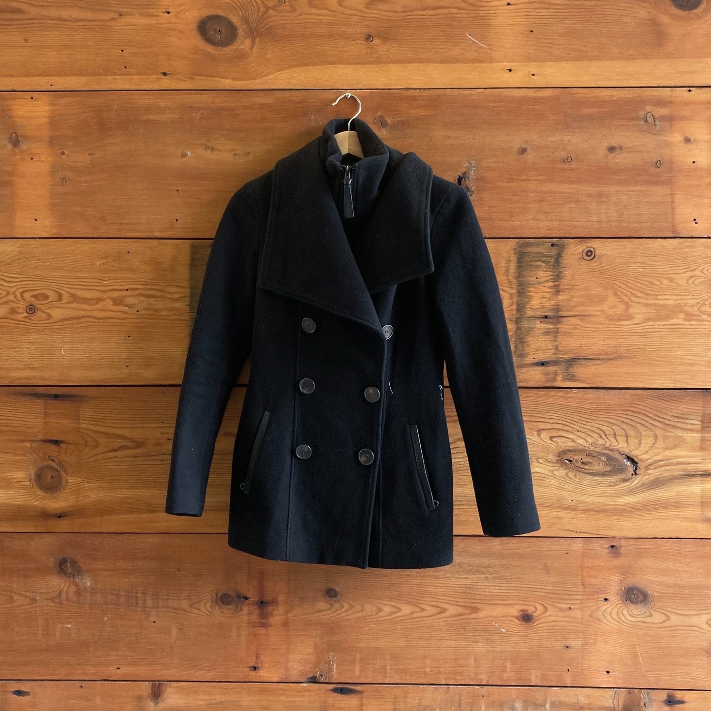 XS - Mackage Black Wool Fitted Double Breasted Womens Peacoat 1209TT
