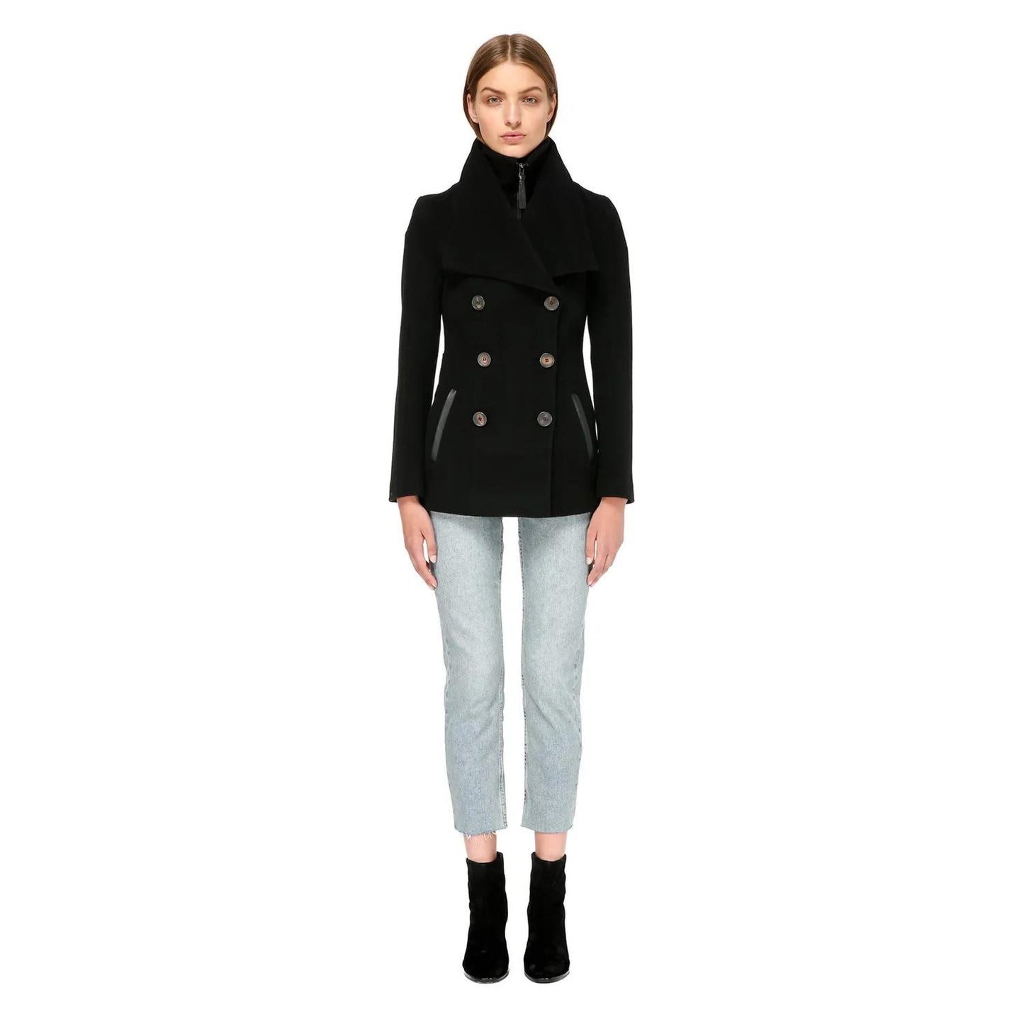 XS - Mackage Black Wool Fitted Double Breasted Womens Peacoat 1209TT