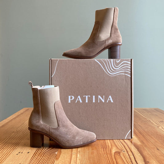 37 / 7 - Patina Taupe Suede Vero Square Toe Stacked Heel Boots NEW w/ Box 0206RN