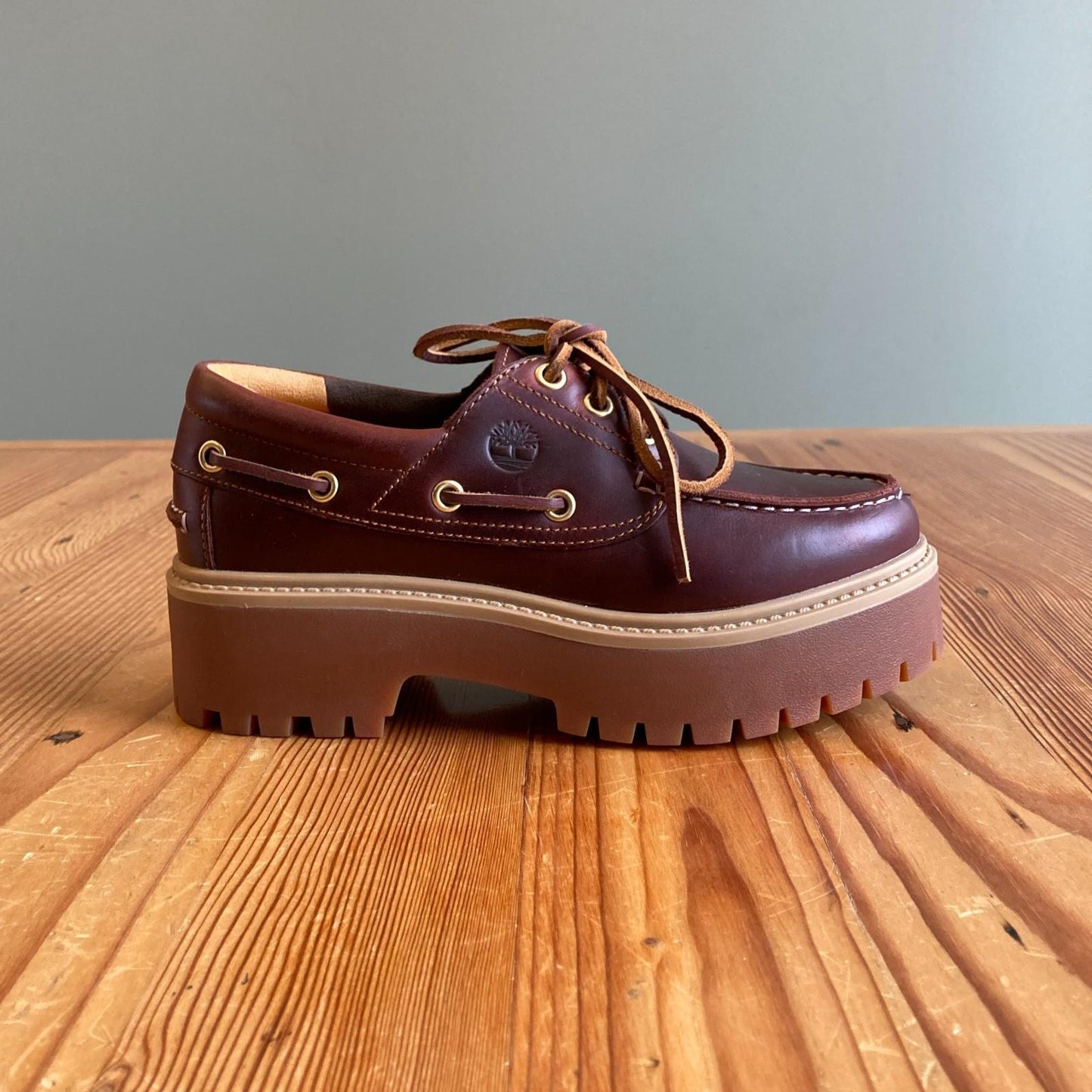 6 - Timberland $130 Brown Leather Platform Stone Street Boat Shoes NEW 0312IG