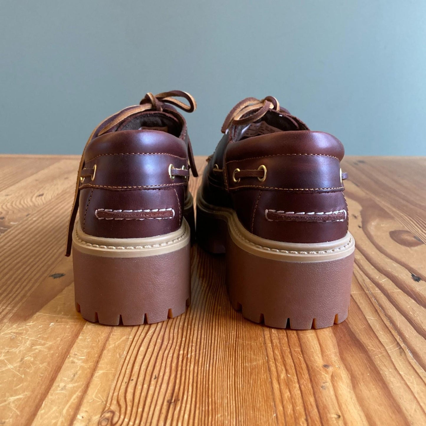 6 - Timberland $130 Brown Leather Platform Stone Street Boat Shoes NEW 0312IG