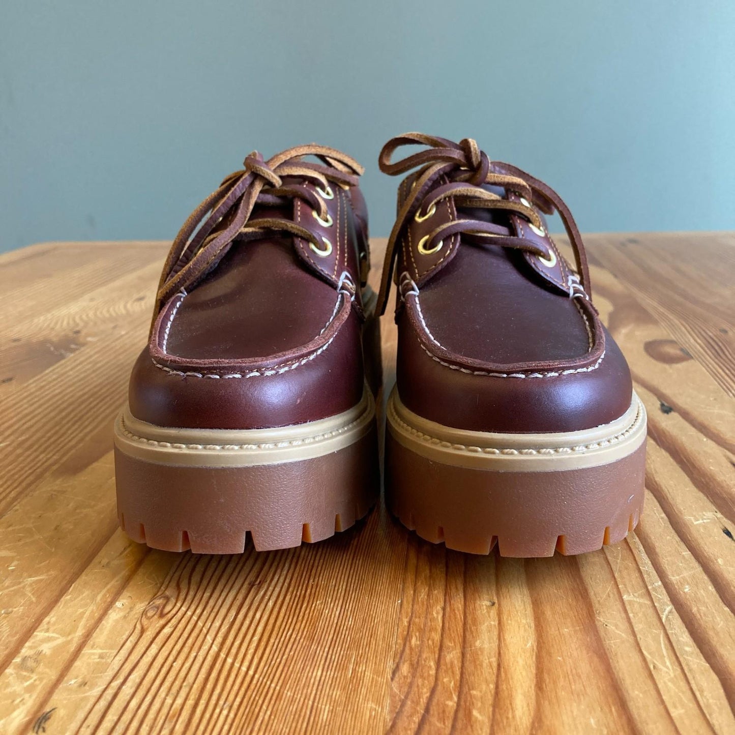 6 - Timberland $130 Brown Leather Platform Stone Street Boat Shoes NEW 0312IG