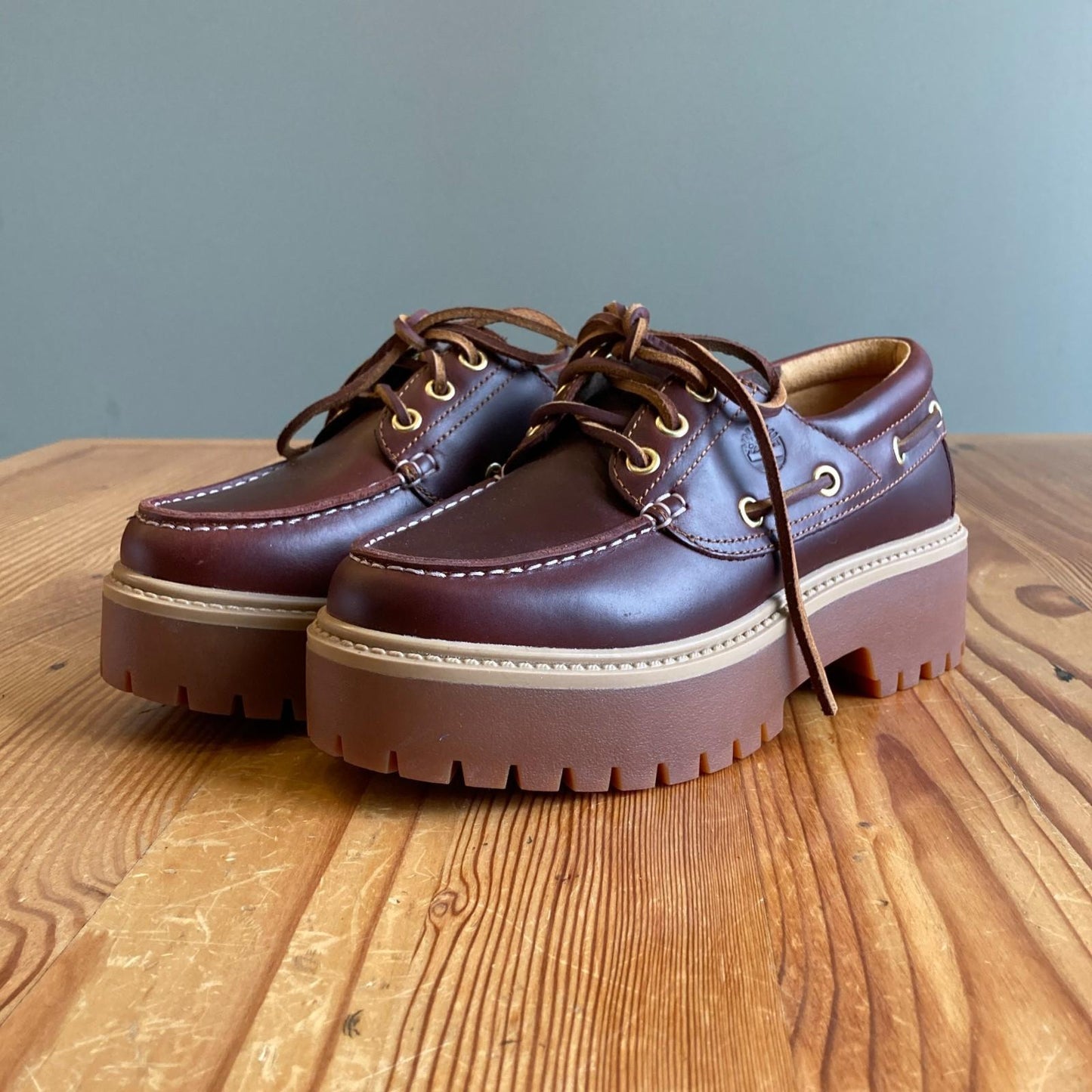6 - Timberland $130 Brown Leather Platform Stone Street Boat Shoes NEW 0312IG