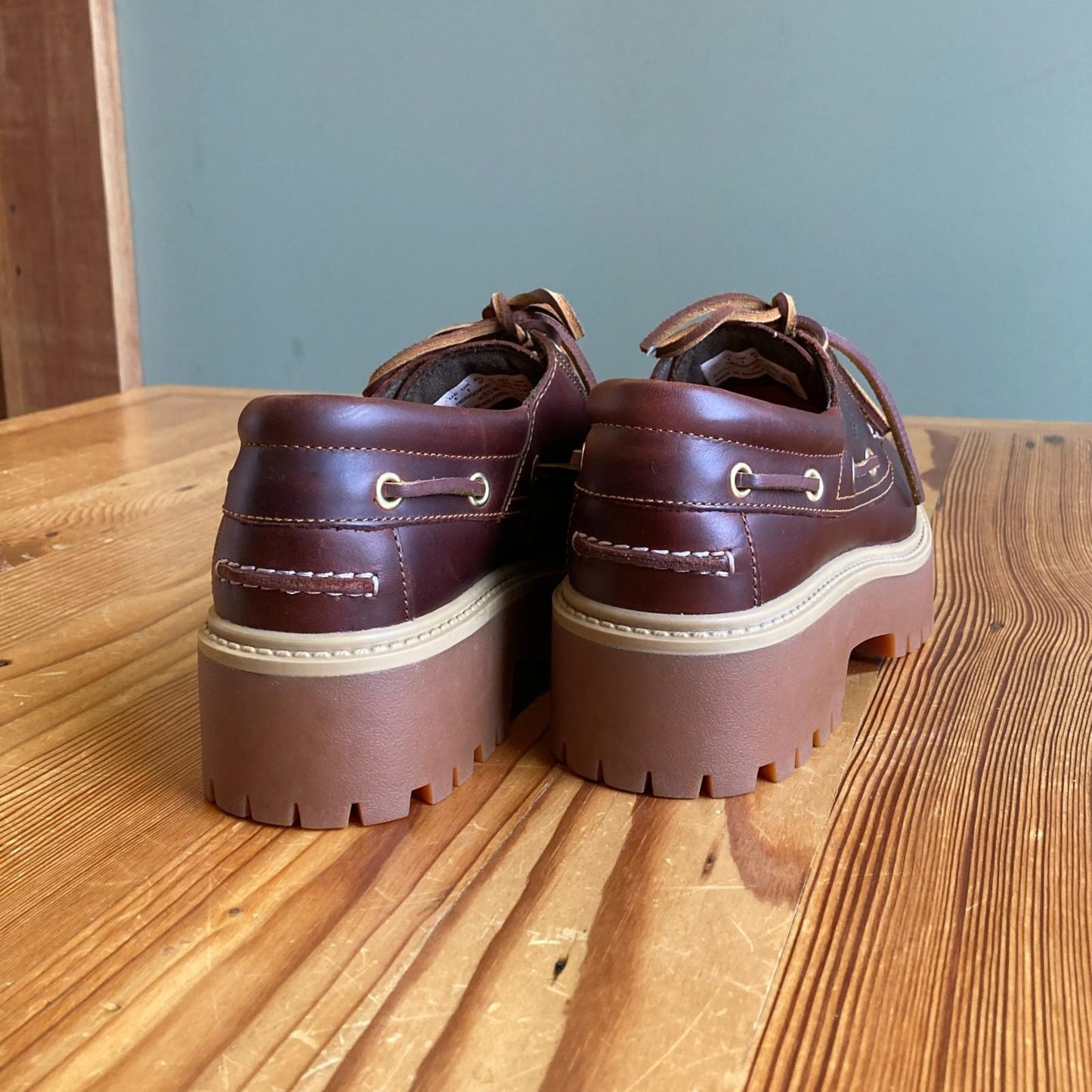 6 - Timberland $130 Brown Leather Platform Stone Street Boat Shoes NEW 0312IG