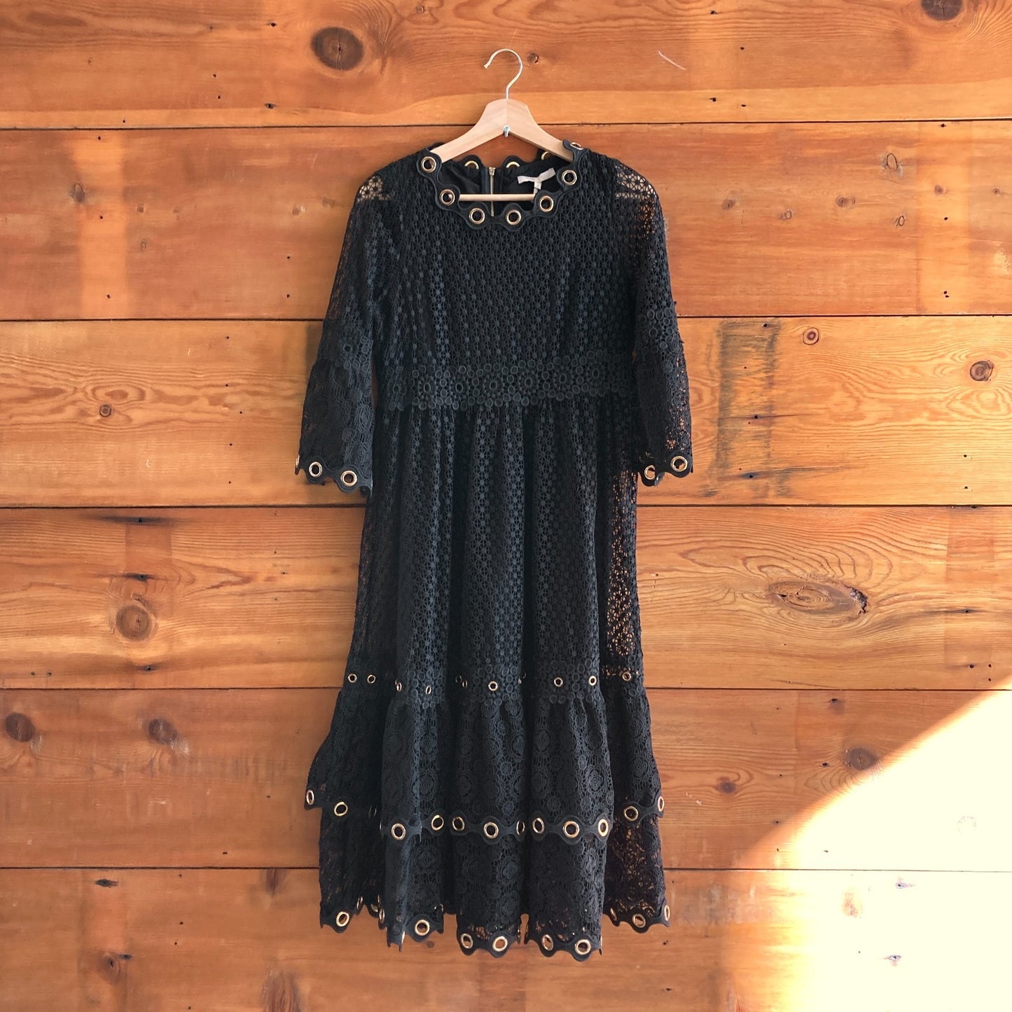 3 / L - Maje Black Lace Roso Tiered Eyelet-Embellished Guipure Dress 0916VB