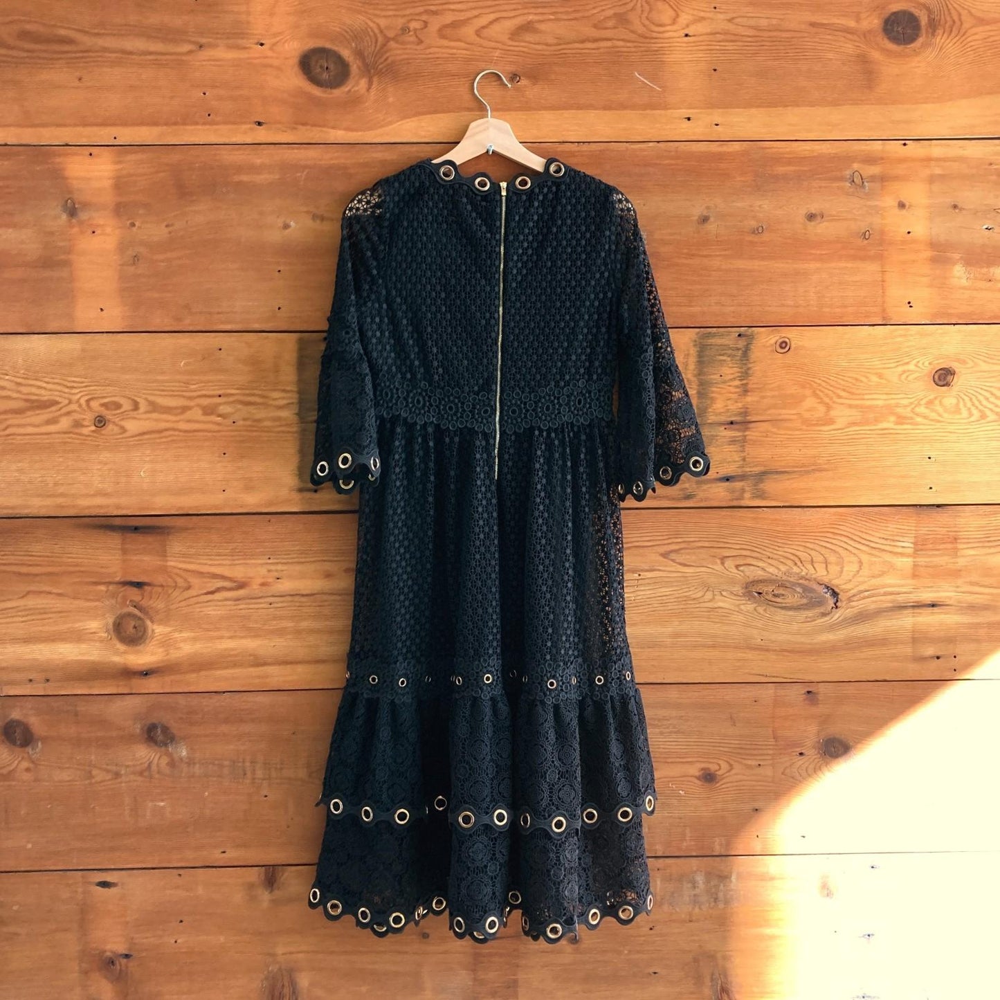 3 / L - Maje Black Lace Roso Tiered Eyelet-Embellished Guipure Dress 0916VB