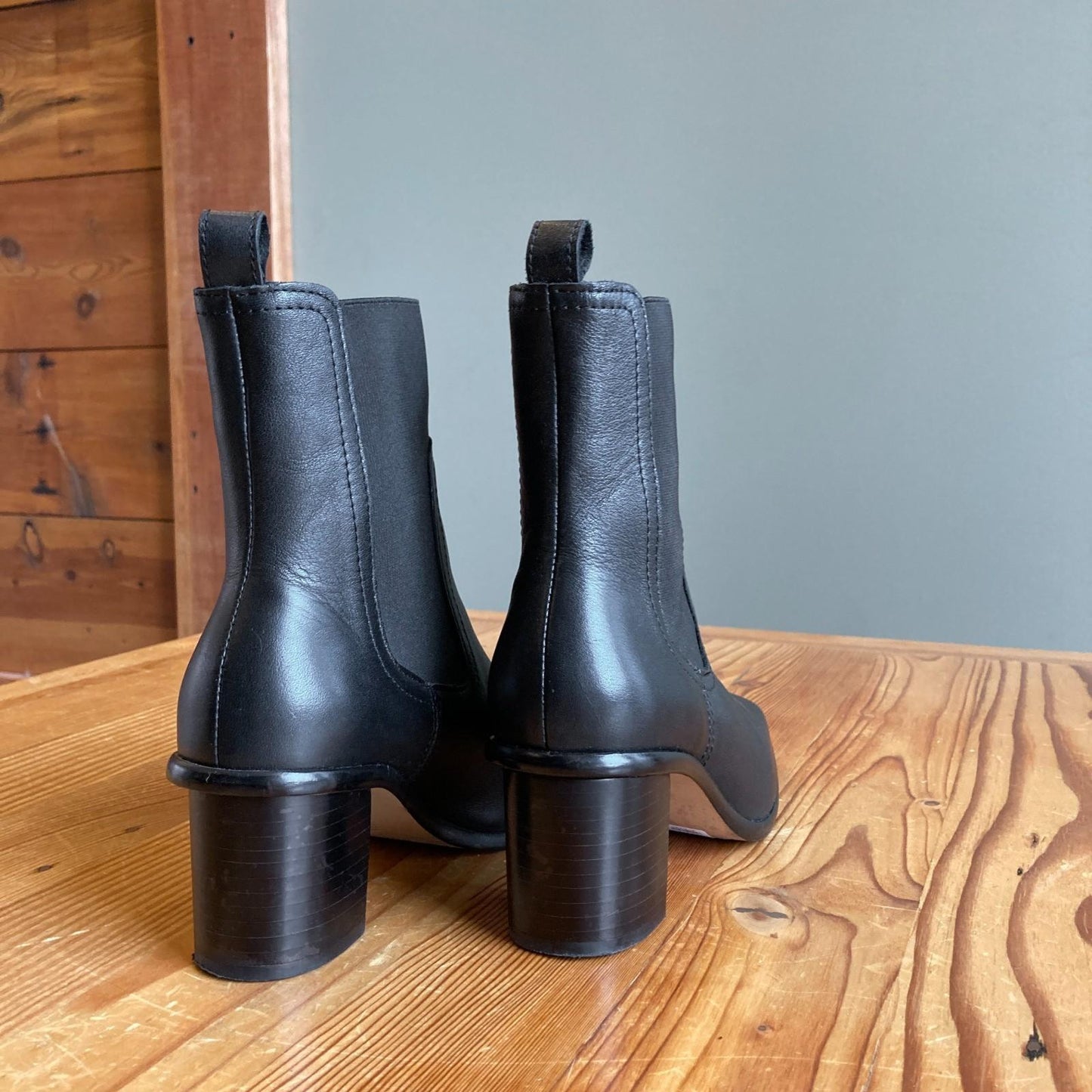 37 / 7 - Patina Black Leather Stacked High Heel Pull On Chelsea Boots 0206RN