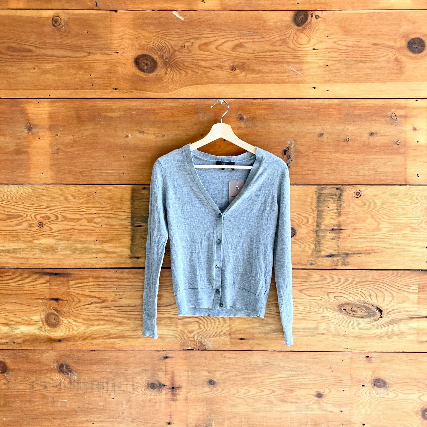 L - Theory Gray V-Neck Cardigan Regal Wool Button Front Sweater 0617RF