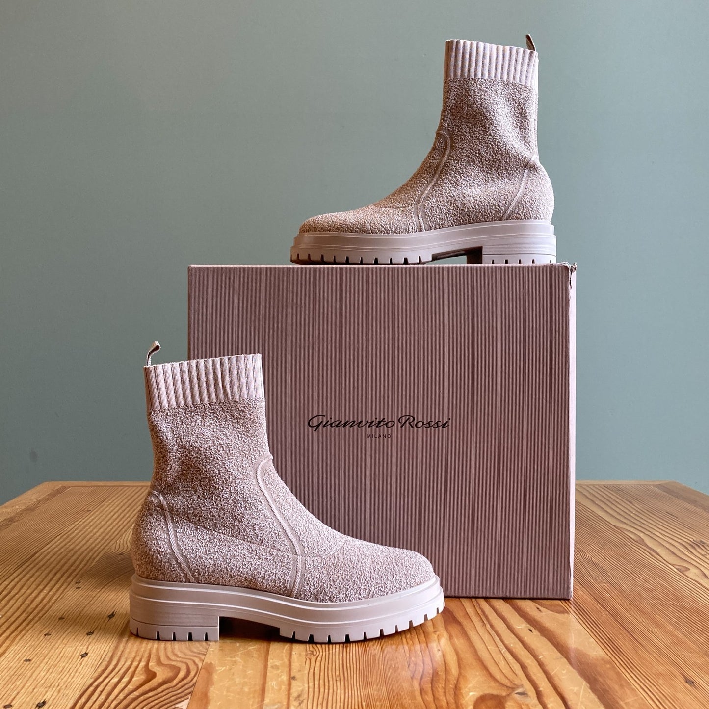 37 / 7 - Gianvito Rossi $1050 Beige Chester Knit Sock Boots NEW w/ Box 0930AB