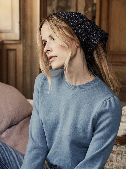 M - Doen Blue Cashmere Merino Wool Puff Sleeve Ophelia Sweater 0425KN