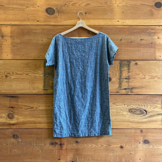 S - Ozma of California Blue Chambray Short Sleeve Hemp Blend Shift Dress 0312IG