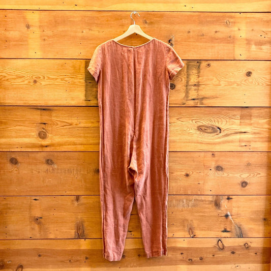 S - OffOn Burnt Orange Handmade Short Sleeve Linen Jumpsuit 1027SW