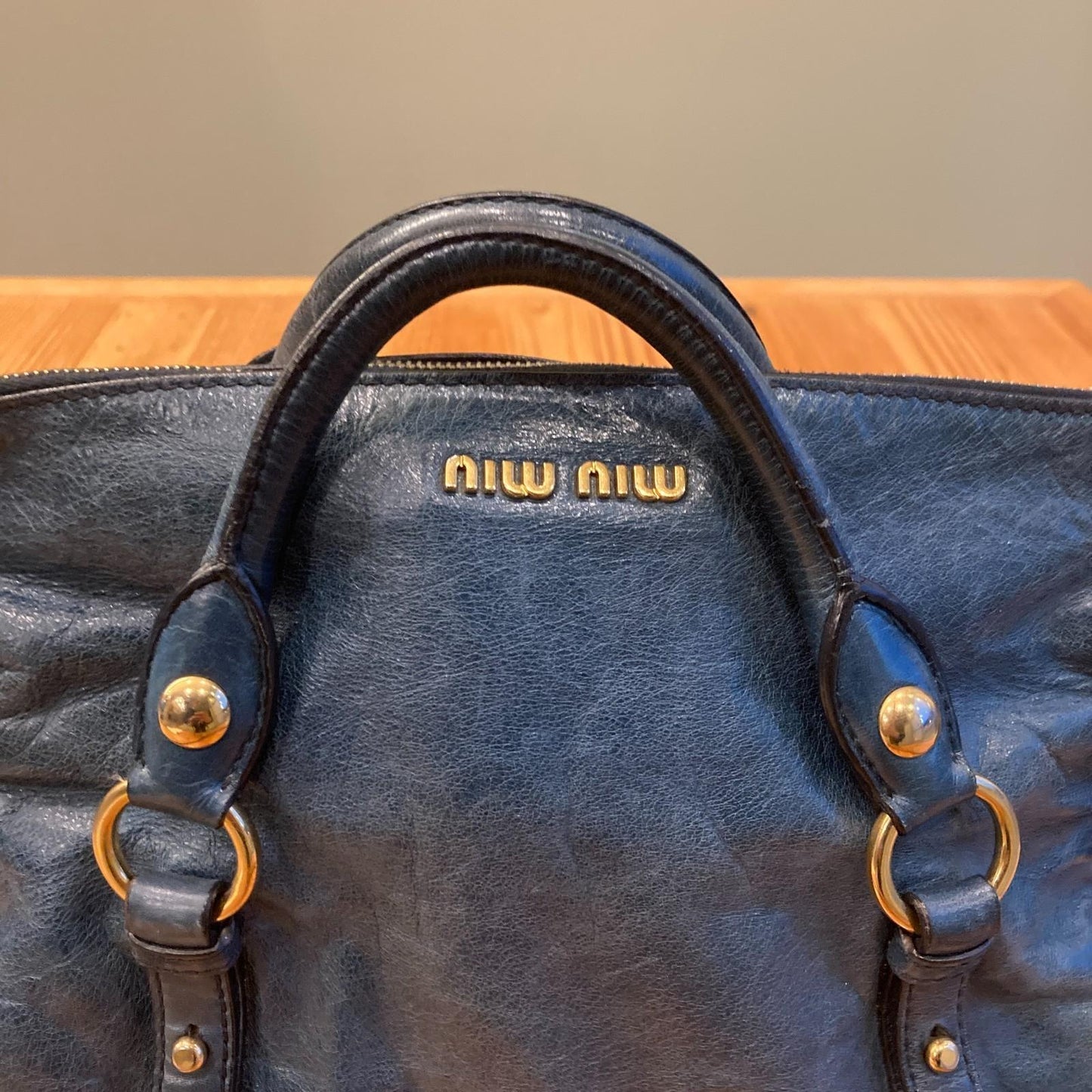 Miu Miu Dark Blue Leather Vitello Lux Bow Bag Top Handle Purse 0811SV