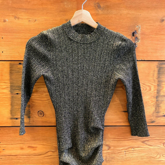 XS - Maje Black Gold Shimmer Stretch Fit Rimaldie Ruched Mock Neck Dress 0224DM