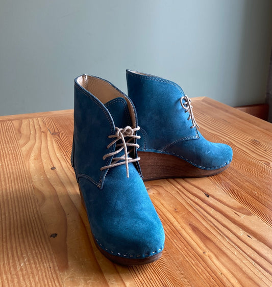 8 - Maguba Teal Leather Casablanca Wooden Wedge Boots Swedish Clogs 1120JM