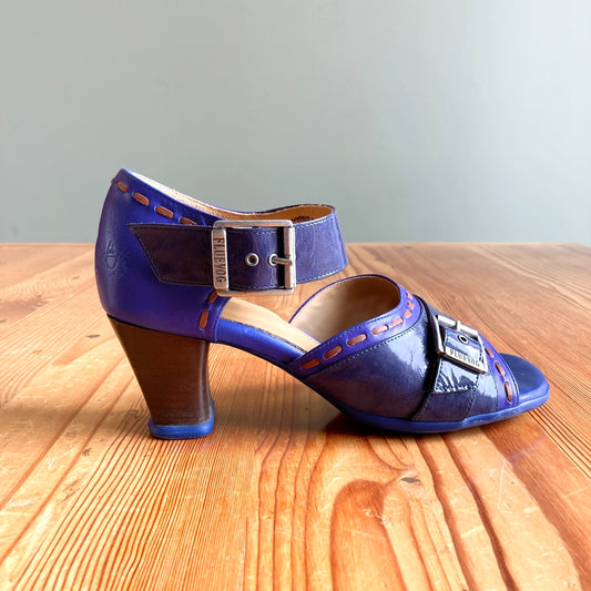 10 - John Fluevog Purple Leather Stitched Open Toe Renee Heels Shoes 1008CR