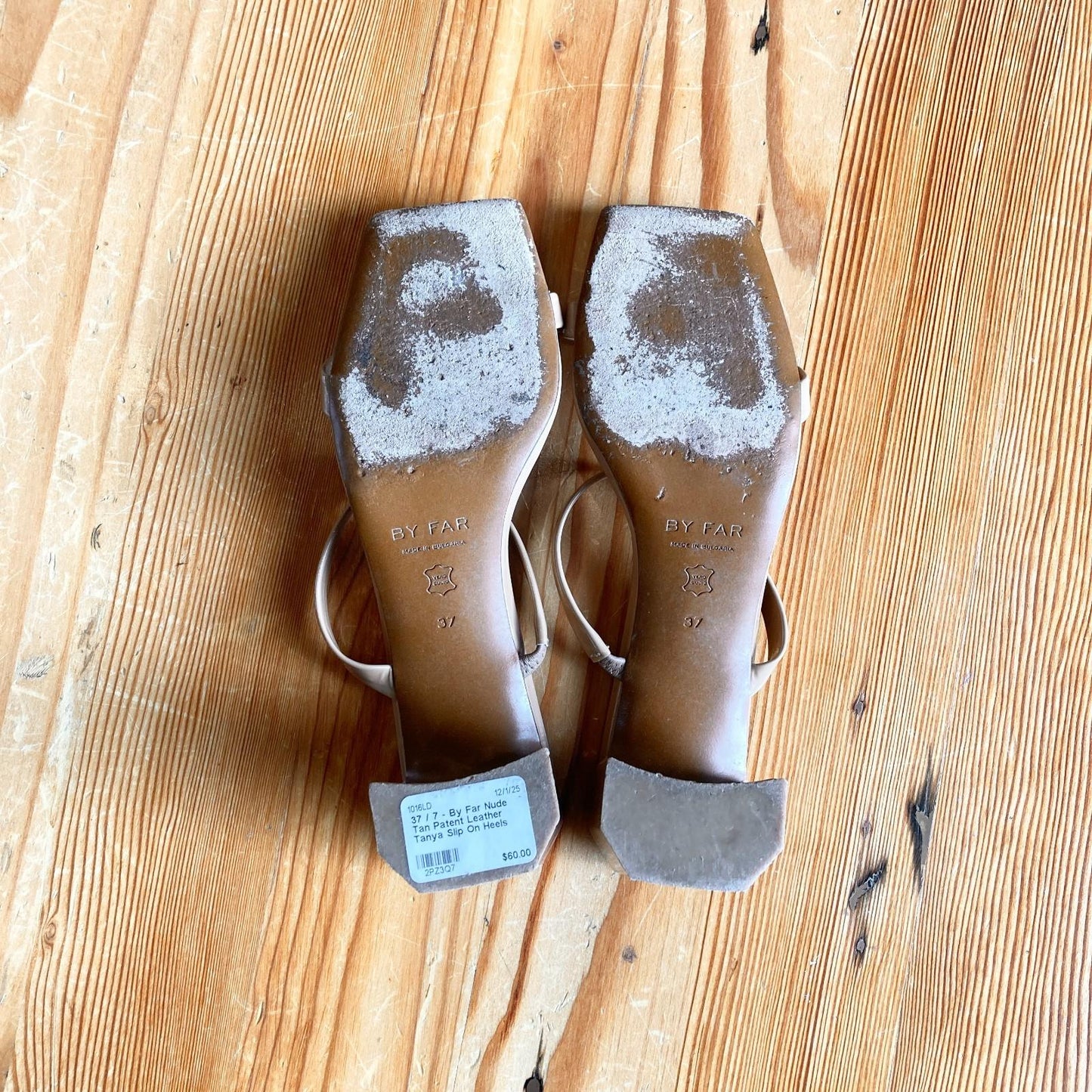 37 / 7 - By Far Nude Tan Patent Leather Tanya Slip On Heels Sandals 1016LD