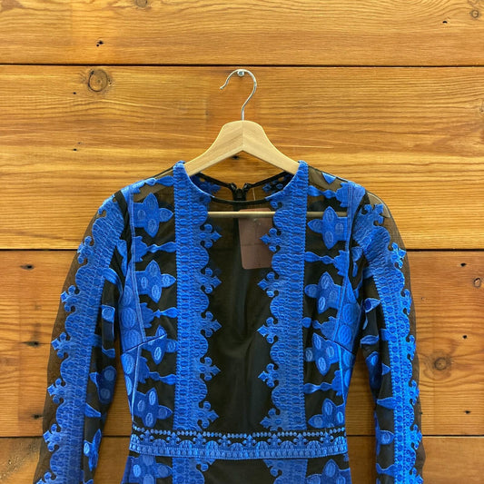 0 - Nicole Miller Blue & Black Embroidered Long Sleeve Holiday Dress 1125RS